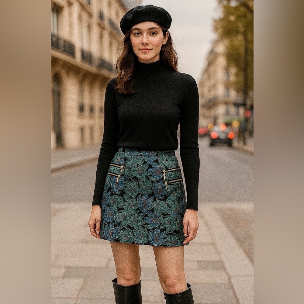 Collection Pimkie Taffeta Mini Skirt Embroidered Emerald Green Blue Gold S M